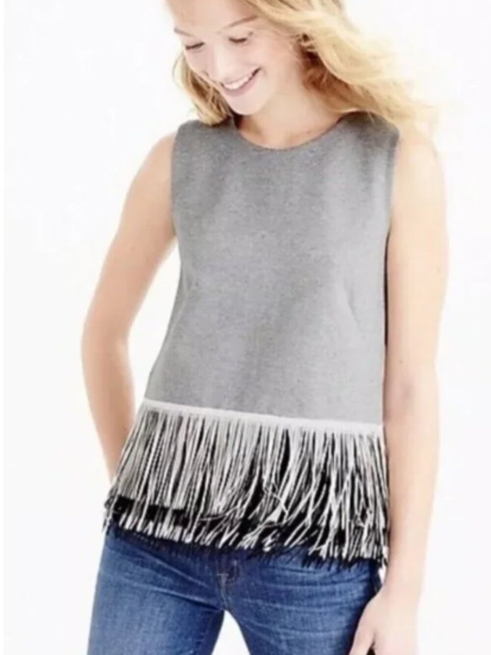 J. Crew gray ponte knit‎ sleeveless vest top with fringe boho festival M